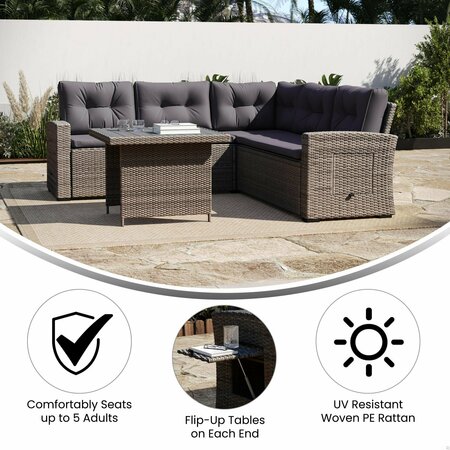 Flash Furniture Huck Wicker Rattan Conversation Set, L-Shaped Sofa w/Dining Table, Weather Resistant Cushions, Gray LTS-SET-02023-GY-GY-GG